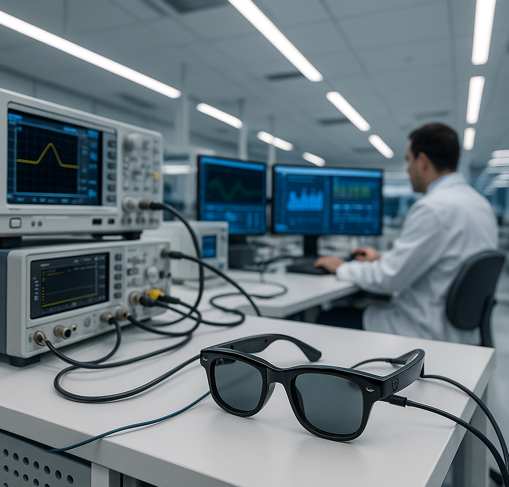 Meta’s Sunnyvale site, peering at a pair of Ray‑Ban Meta smart glasses sitting on a test bench.